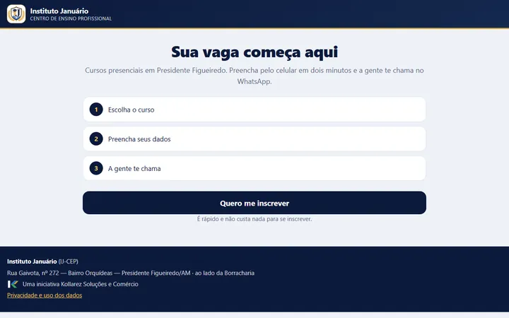 Tela de site de centro de ensino profissional criado pela AZVEN