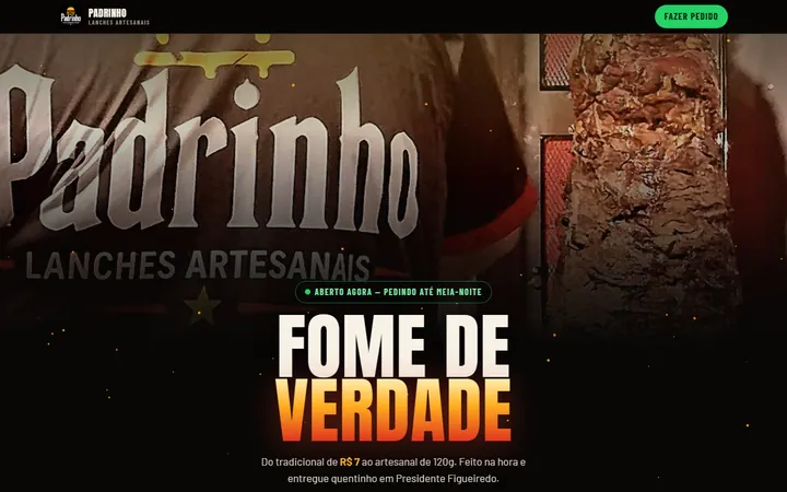 Tela de site de hamburgueria com pedido por WhatsApp criado pela AZVEN