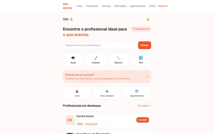 Tela de plataforma de busca de prestadores de serviço criada pela AZVEN